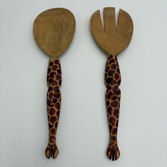 Hand-Carved Wooden Vintage Giraffe Pattern 2-Piece Salad Serving Set - Picture 1 of 8